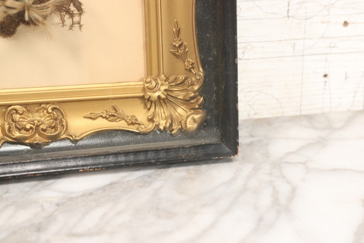 Lot 005 - Antique Victorian Hair Work Flower In Double Frame Shadow Box With Blond, Brown, And Gray Hair, Note Not Original Frame 11-1/2" x 13-3/8"