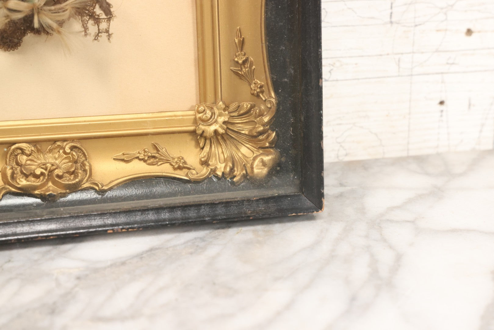 Lot 005 - Antique Victorian Hair Work Flower In Double Frame Shadow Box With Blond, Brown, And Gray Hair, Note Not Original Frame 11-1/2" x 13-3/8"