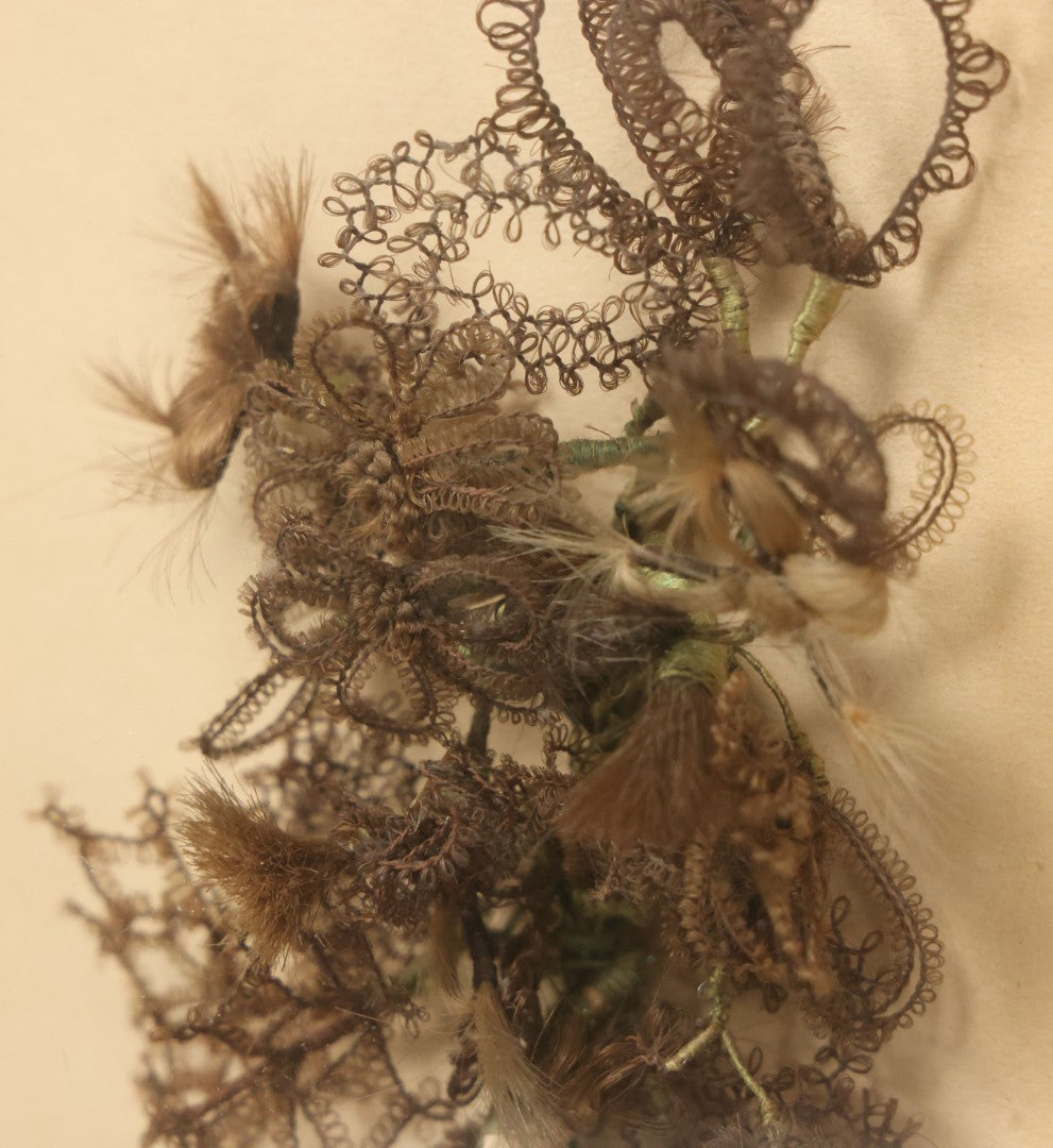Lot 005 - Antique Victorian Hair Work Flower In Double Frame Shadow Box With Blond, Brown, And Gray Hair, Note Not Original Frame 11-1/2" x 13-3/8"