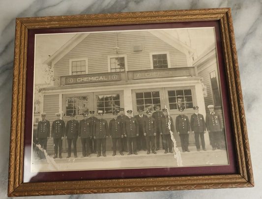 Lot 110 - Vintage Boarded Photograph Of Firefighters Of Chemical Company No. 1 & No. 2, Matted And Framed, Note Creases And Losses To Photo, 9-3/4" x 7-3/4"