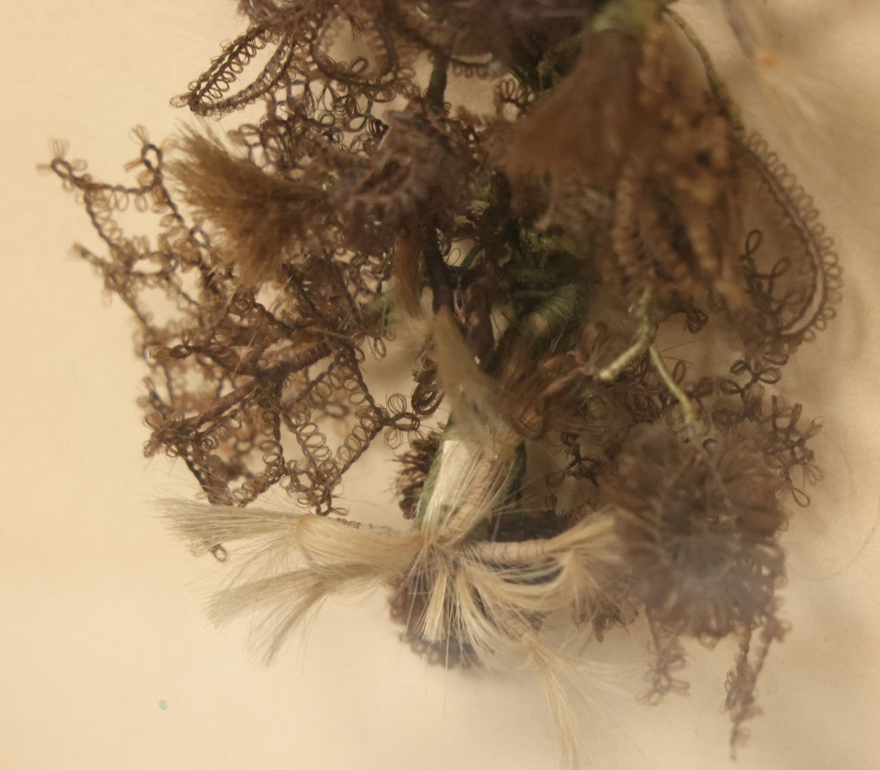 Lot 005 - Antique Victorian Hair Work Flower In Double Frame Shadow Box With Blond, Brown, And Gray Hair, Note Not Original Frame 11-1/2" x 13-3/8"