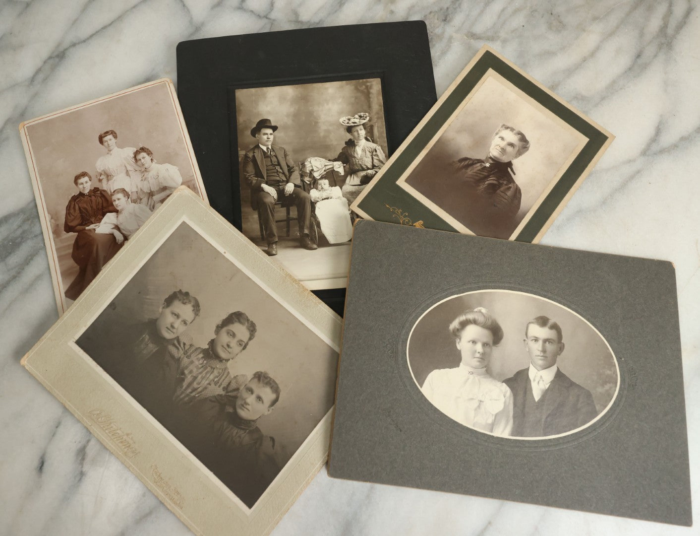 Lot 114 - Grouping Of Five Antique Cabinet Card And Boarded Photographs Of Men And Women Including Photos From Missouri, Massachusetts, And Iowa