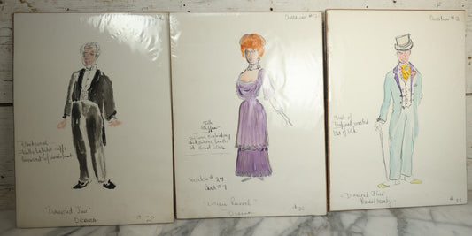 Lot 116 - Grouping Of Three Hand Drawn, Hand Painted, Costume Designs From A Theater Production For Lillian Russell And Diamond Jim, Shrink Wrapped With Board