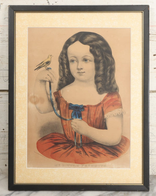 Lot 120 - Antique Hand Colored Lithograph Of Little Blue Eyed Girl With Curly Hair And Pet Yellow Bird Titled "My Little Favorite," Published By Currier & Ives, In Vintage Frame, 12-7/8" x 16-7/8"