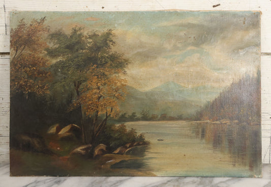 Lot 121 - Antique Landscape Painting On Board Of Pond, Mountains, Rocks, And Trees, Partial Paper Label On Verso, Note Wear And Tear, 18-1/8" x 12"