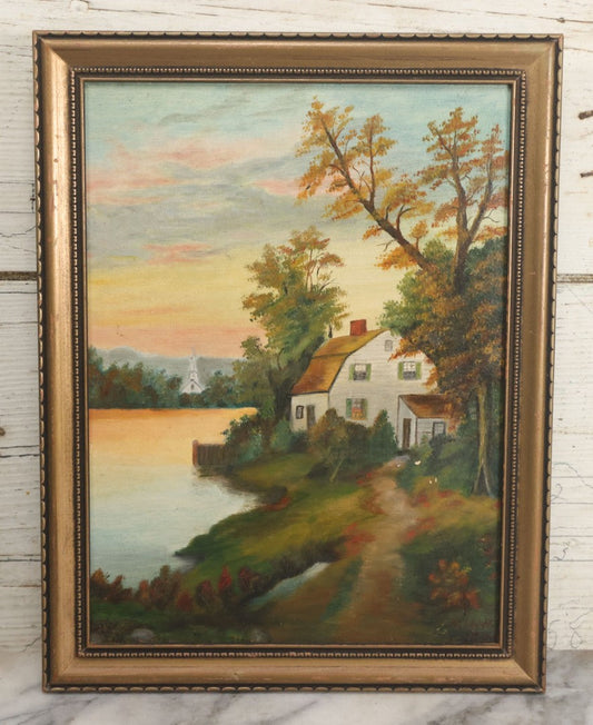 Lot 122 - Vintage Painting On Board Of A Lakeside Cottage In The Fall With A Church In The Distance, Provenance On Verso, In Frame, Artist Signed N.M.W. 1937, Note Minor Losses, 10-1/2" x 13-3/4"