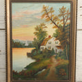 Lot 122 - Vintage Painting On Board Of A Lakeside Cottage In The Fall With A Church In The Distance, Provenance On Verso, In Frame, Artist Signed N.M.W. 1937, Note Minor Losses, 10-1/2" x 13-3/4"