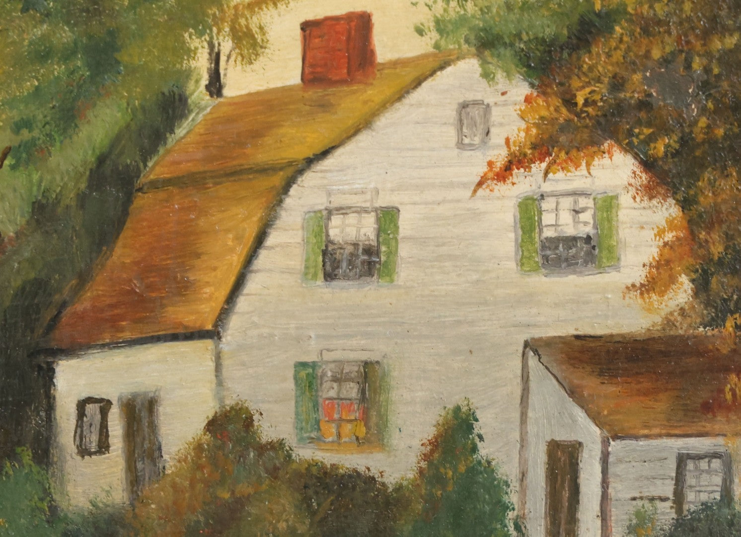 Lot 122 - Vintage Painting On Board Of A Lakeside Cottage In The Fall With A Church In The Distance, Provenance On Verso, In Frame, Artist Signed N.M.W. 1937, Note Minor Losses, 10-1/2" x 13-3/4"