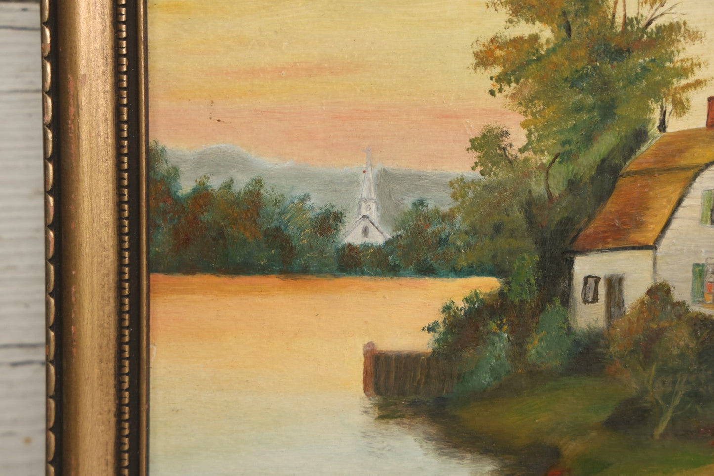 Lot 122 - Vintage Painting On Board Of A Lakeside Cottage In The Fall With A Church In The Distance, Provenance On Verso, In Frame, Artist Signed N.M.W. 1937, Note Minor Losses, 10-1/2" x 13-3/4"