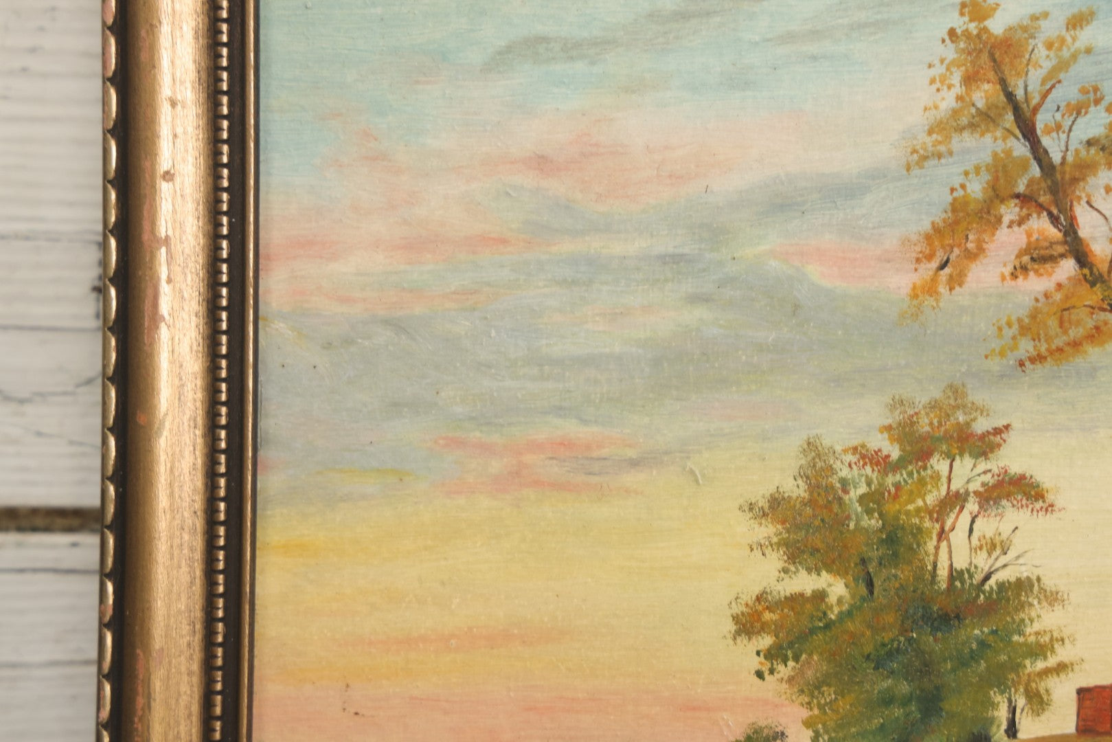 Lot 122 - Vintage Painting On Board Of A Lakeside Cottage In The Fall With A Church In The Distance, Provenance On Verso, In Frame, Artist Signed N.M.W. 1937, Note Minor Losses, 10-1/2" x 13-3/4"