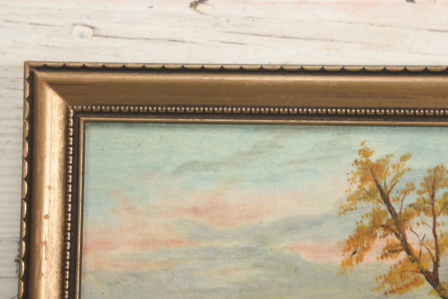 Lot 122 - Vintage Painting On Board Of A Lakeside Cottage In The Fall With A Church In The Distance, Provenance On Verso, In Frame, Artist Signed N.M.W. 1937, Note Minor Losses, 10-1/2" x 13-3/4"