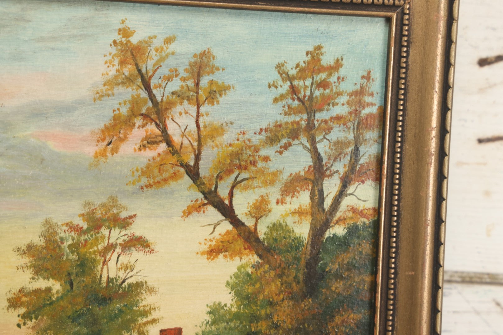 Lot 122 - Vintage Painting On Board Of A Lakeside Cottage In The Fall With A Church In The Distance, Provenance On Verso, In Frame, Artist Signed N.M.W. 1937, Note Minor Losses, 10-1/2" x 13-3/4"