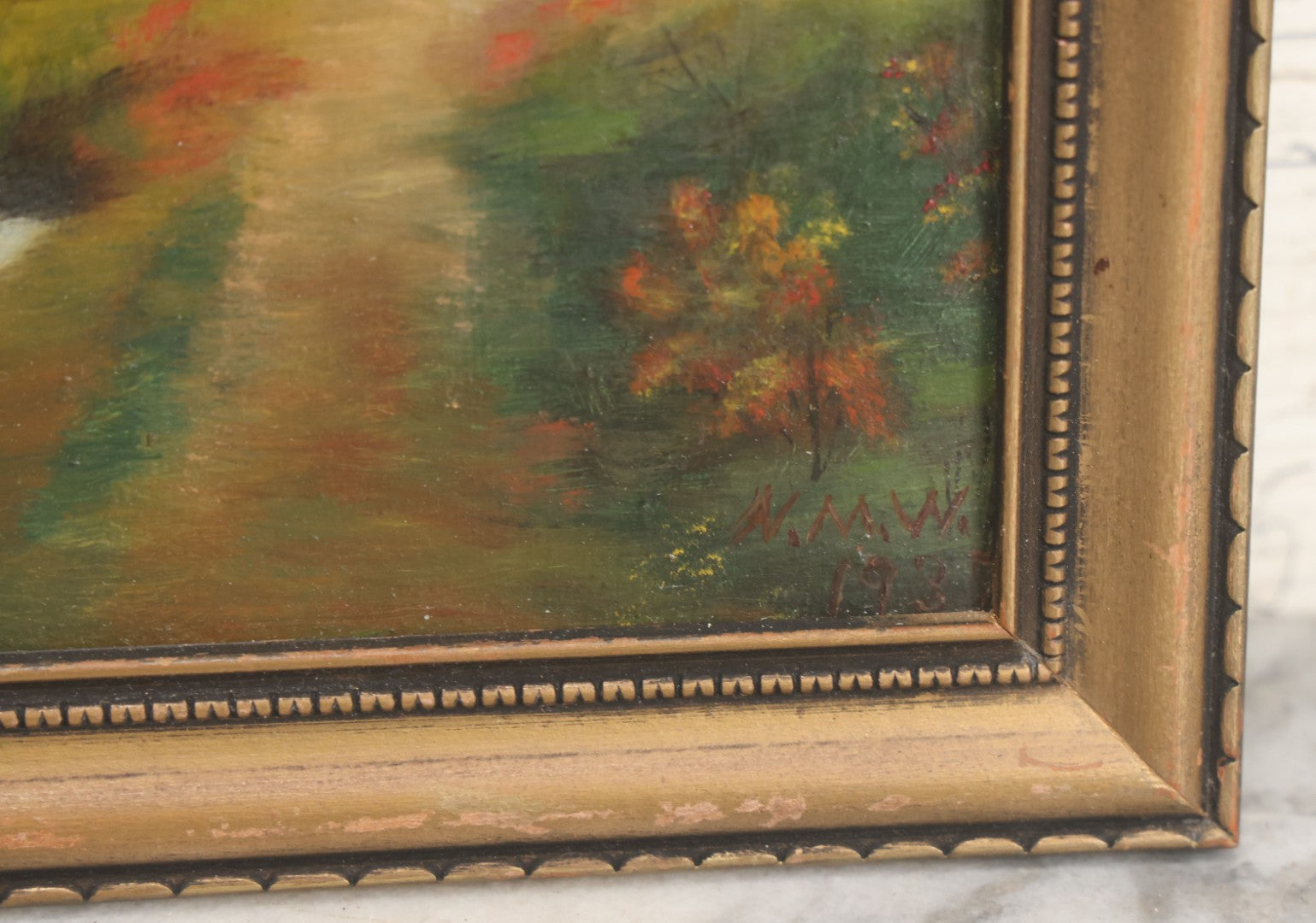 Lot 122 - Vintage Painting On Board Of A Lakeside Cottage In The Fall With A Church In The Distance, Provenance On Verso, In Frame, Artist Signed N.M.W. 1937, Note Minor Losses, 10-1/2" x 13-3/4"