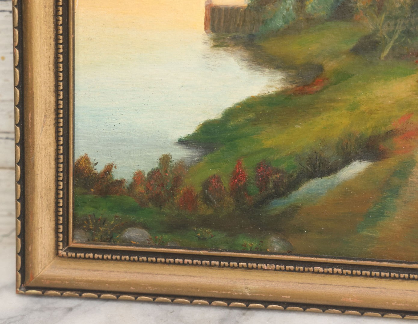 Lot 122 - Vintage Painting On Board Of A Lakeside Cottage In The Fall With A Church In The Distance, Provenance On Verso, In Frame, Artist Signed N.M.W. 1937, Note Minor Losses, 10-1/2" x 13-3/4"