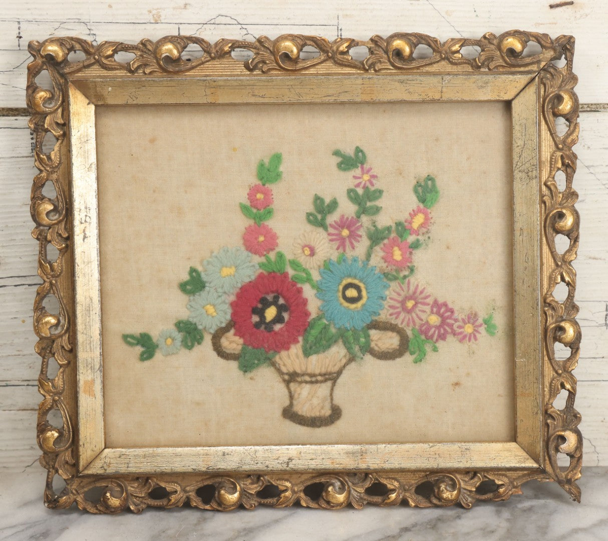 Lot 123 - Antique Embroidered Flower Pot Textile Art With Blue And Pink Flowers In Ornate Frame, 12" x 10-1/2"