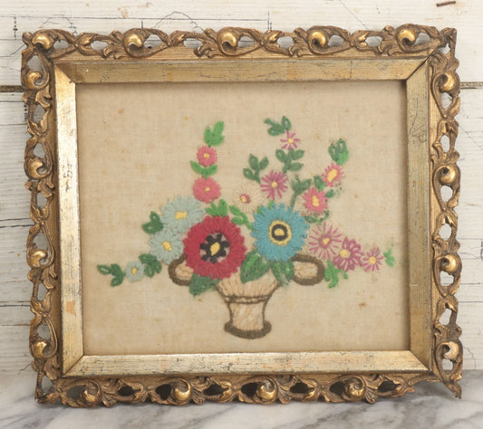Lot 123 - Antique Embroidered Flower Pot Textile Art With Blue And Pink Flowers In Ornate Frame, 12" x 10-1/2"