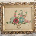 Lot 123 - Antique Embroidered Flower Pot Textile Art With Blue And Pink Flowers In Ornate Frame, 12" x 10-1/2"