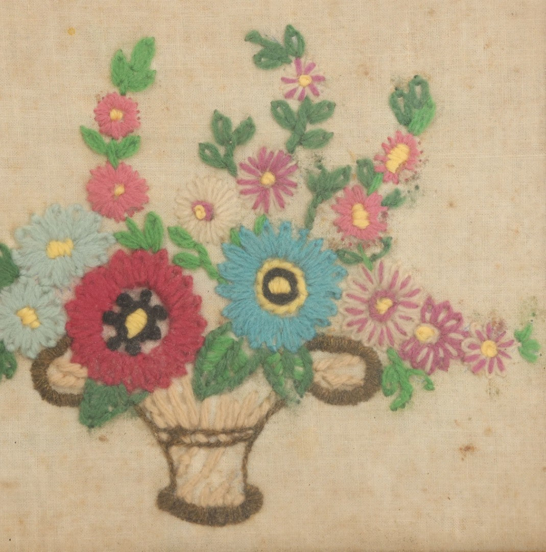 Lot 123 - Antique Embroidered Flower Pot Textile Art With Blue And Pink Flowers In Ornate Frame, 12" x 10-1/2"