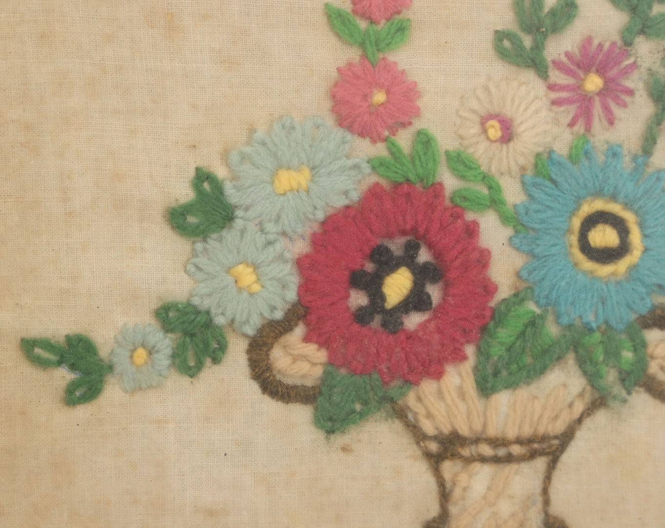 Lot 123 - Antique Embroidered Flower Pot Textile Art With Blue And Pink Flowers In Ornate Frame, 12" x 10-1/2"