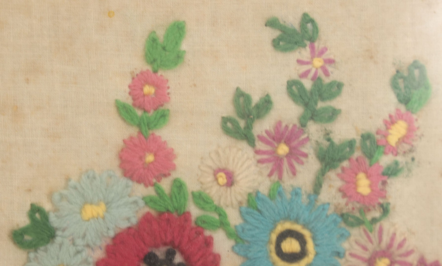 Lot 123 - Antique Embroidered Flower Pot Textile Art With Blue And Pink Flowers In Ornate Frame, 12" x 10-1/2"