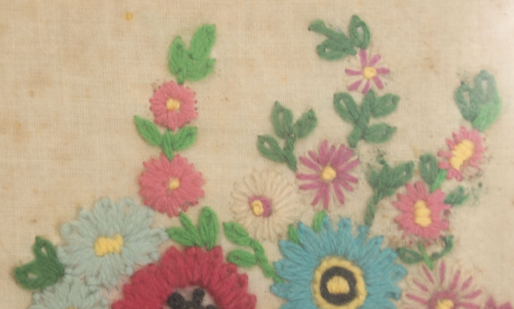 Lot 123 - Antique Embroidered Flower Pot Textile Art With Blue And Pink Flowers In Ornate Frame, 12" x 10-1/2"