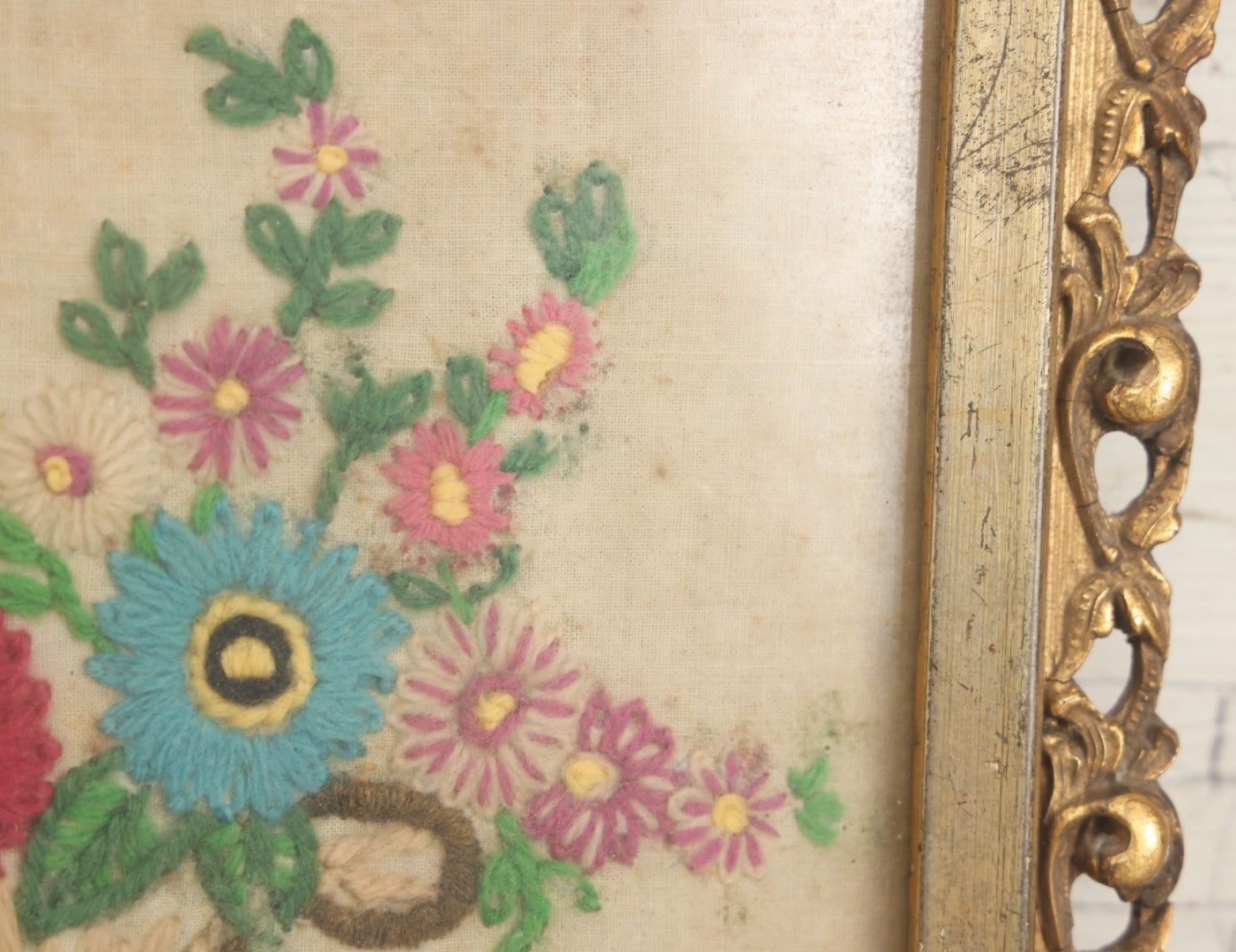 Lot 123 - Antique Embroidered Flower Pot Textile Art With Blue And Pink Flowers In Ornate Frame, 12" x 10-1/2"