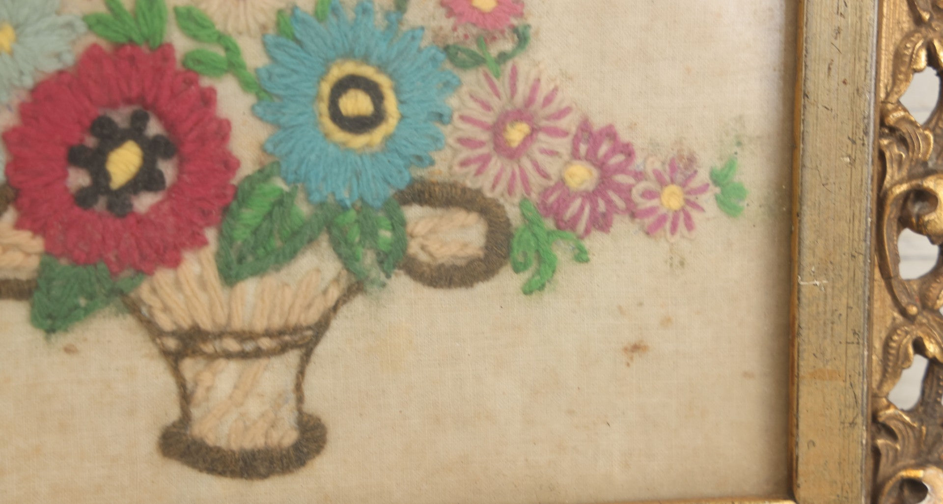 Lot 123 - Antique Embroidered Flower Pot Textile Art With Blue And Pink Flowers In Ornate Frame, 12" x 10-1/2"
