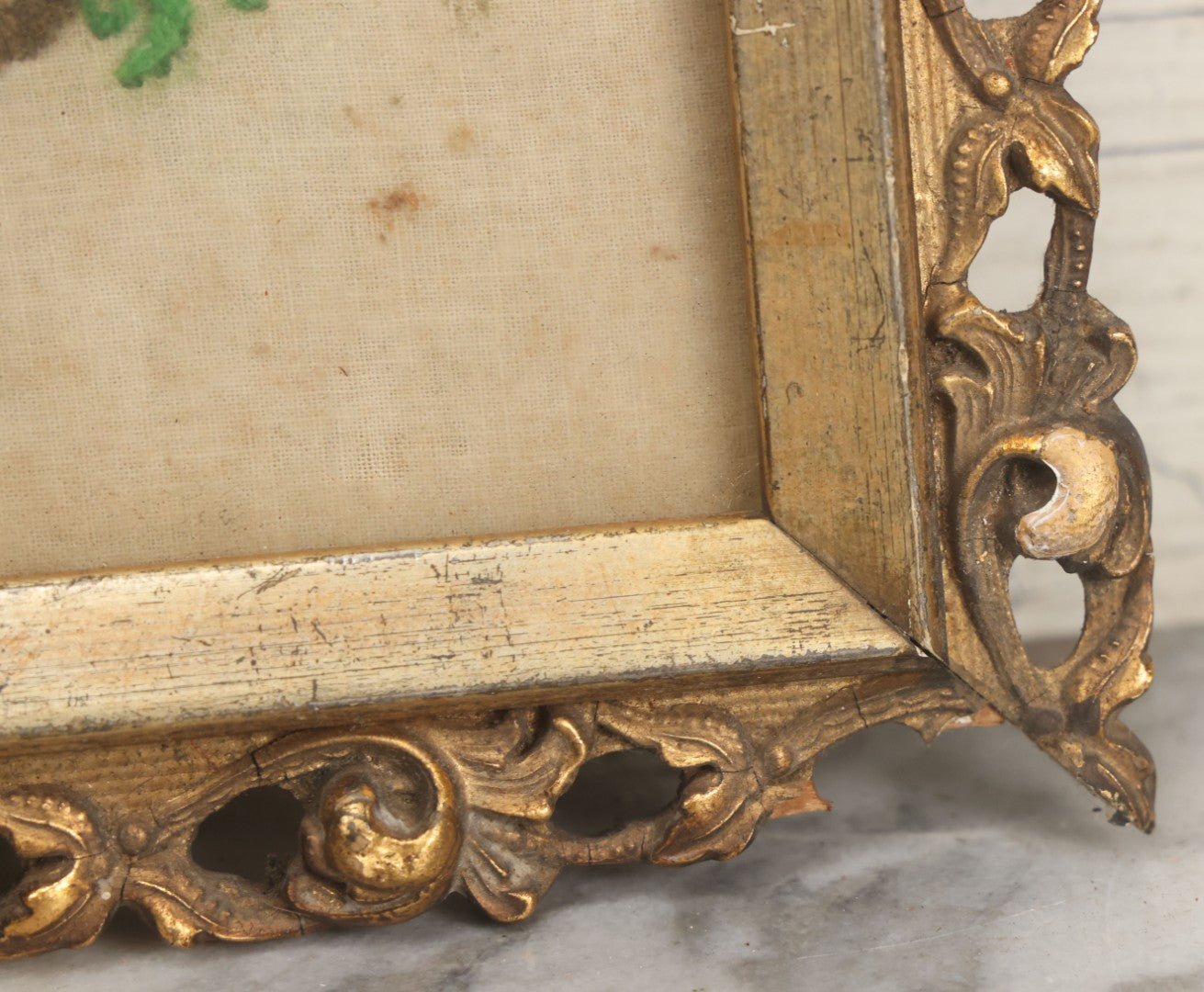 Lot 123 - Antique Embroidered Flower Pot Textile Art With Blue And Pink Flowers In Ornate Frame, 12" x 10-1/2"