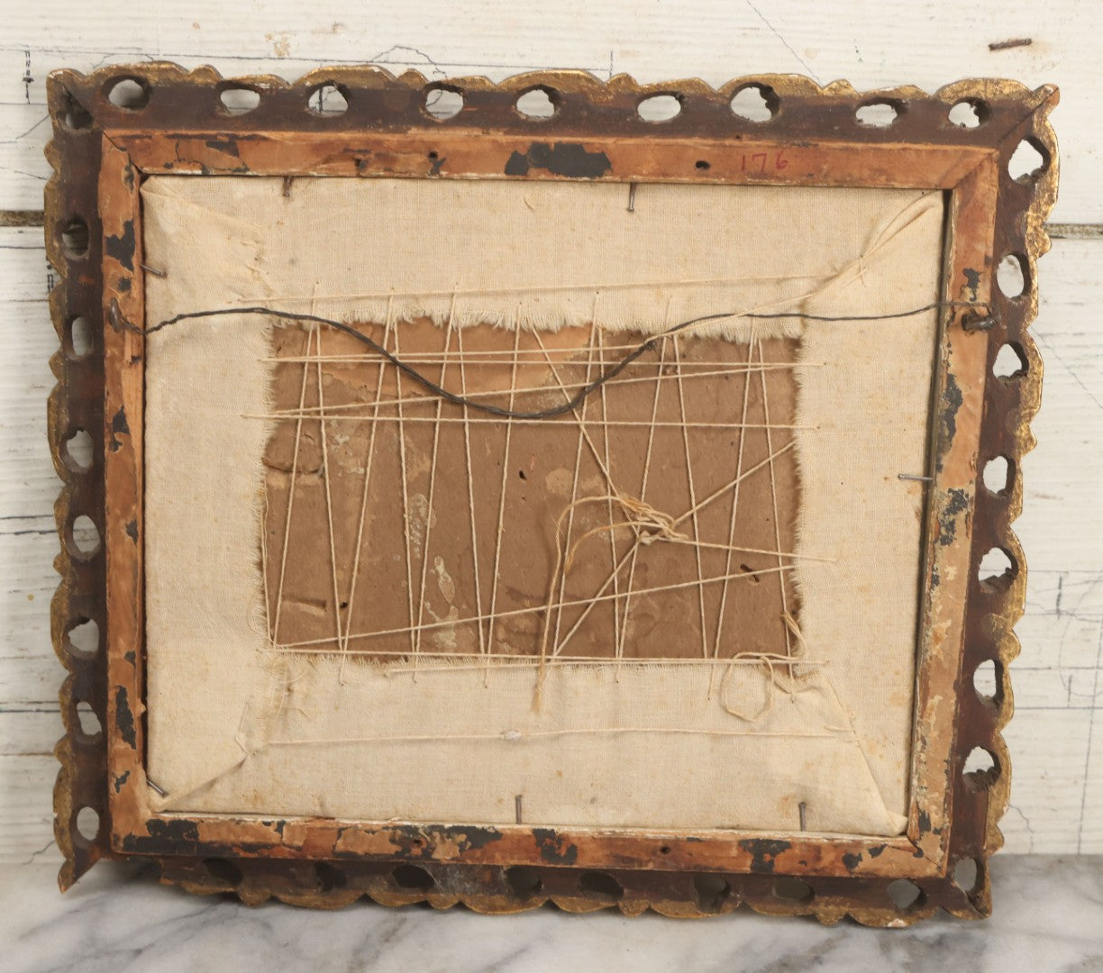 Lot 123 - Antique Embroidered Flower Pot Textile Art With Blue And Pink Flowers In Ornate Frame, 12" x 10-1/2"