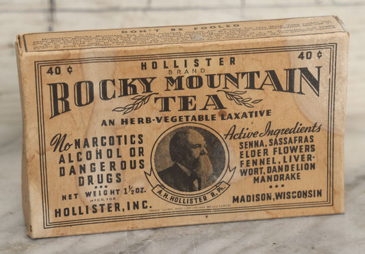 Lot 124 - Antique New Old Stock N.O.S. Hollister Brand Rocky Mountain Tea Advertising Box With Contents - "An Herb-Vegetable Laxative" - Manufactured For Hollister, Inc., Maddison, Wisconsin