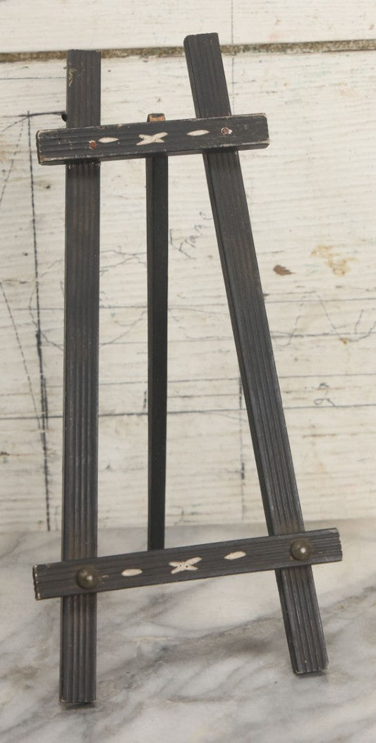 Lot 128 - Antique Black Painted Wood Photo Display Easel With Etched White Designs And Metal Adornments