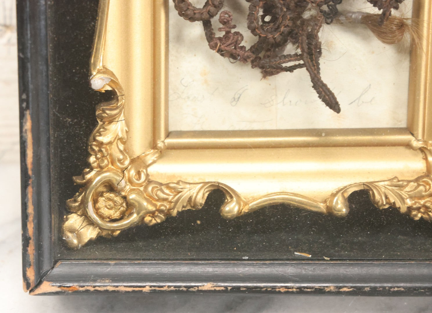 Lot 006 - Antique Victorian Hair Work Flower In Double Frame Shadow Box With Brown Hair, Note Not Original Frame 6-7/8" x 8-7/8"