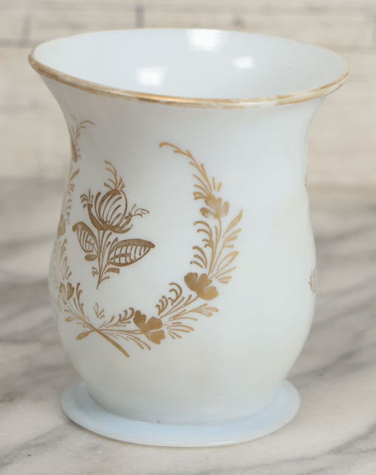 Lot 133 - Vintage Hand Blown White Glass Cream Vessel With Gold Painted Details, Note Chip At Base