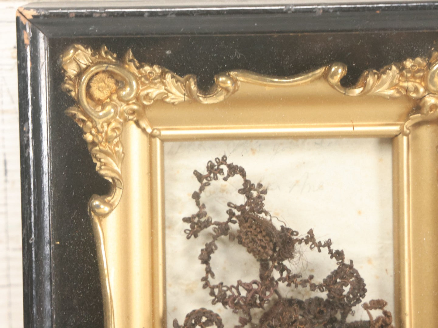 Lot 006 - Antique Victorian Hair Work Flower In Double Frame Shadow Box With Brown Hair, Note Not Original Frame 6-7/8" x 8-7/8"