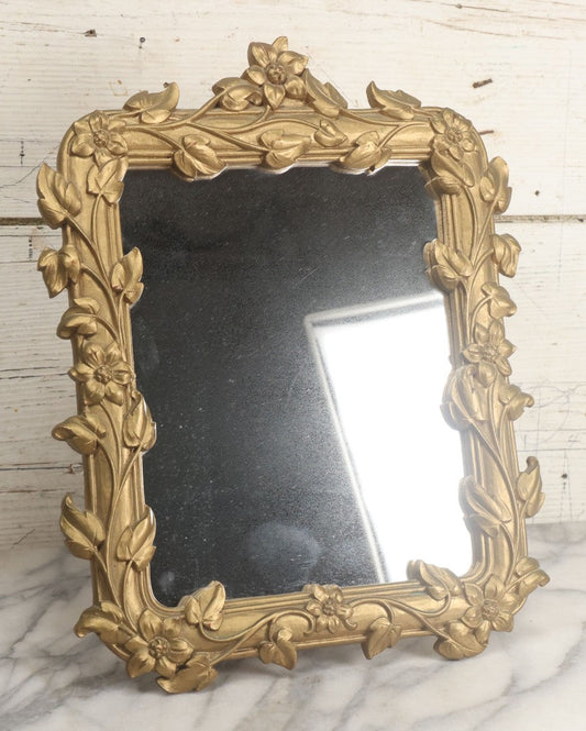 Lot 136 - Vintage Syroco Wood Gold Flower Decorated Dresser Mirror, Copyright Syracuse Ornamental Company, Syracuse, New York, Made In U.S.A., 11" x 14"