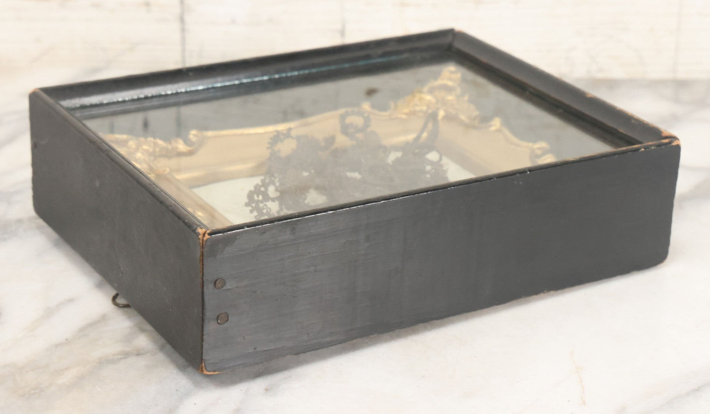 Lot 006 - Antique Victorian Hair Work Flower In Double Frame Shadow Box With Brown Hair, Note Not Original Frame 6-7/8" x 8-7/8"