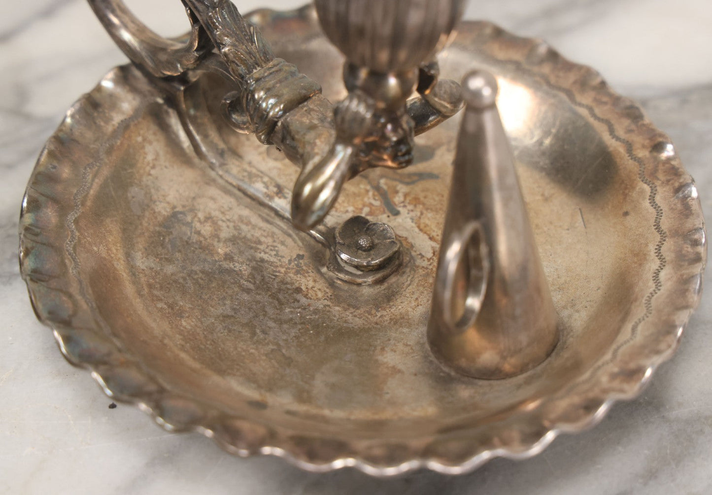Lot 008 - Antique Silverplate Figural Candle Stand With Genie Motif, Manufactured By Wilcox Silverplate, No. 2731, Meriden, Connecticut, With Original Candle Snuffer