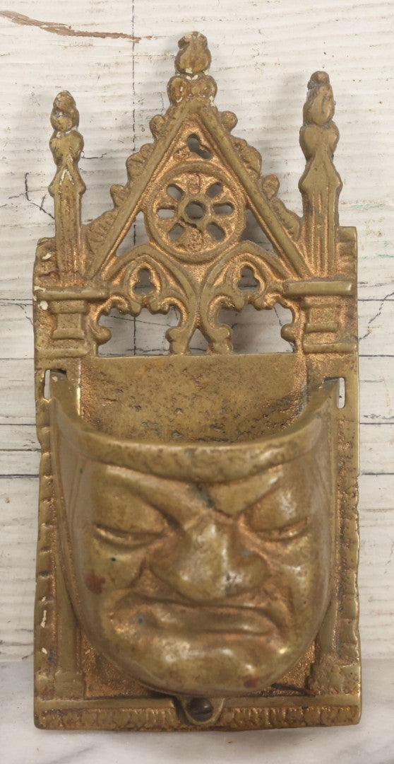 Lot 009 - Antique Gold Painted Cast Metal Gothic Monk Face Wall-Hanging Match Safe