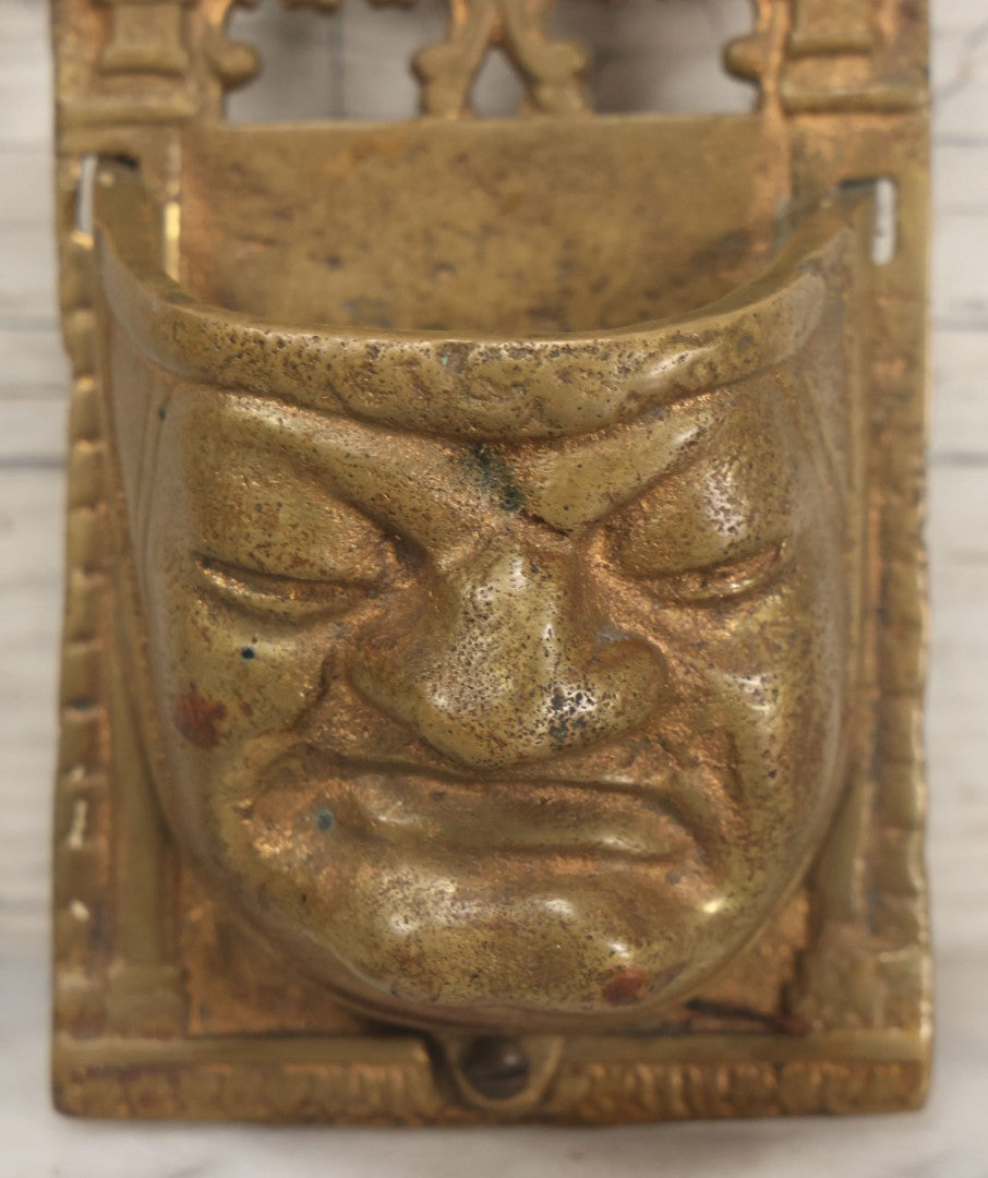 Lot 009 - Antique Gold Painted Cast Metal Gothic Monk Face Wall-Hanging Match Safe