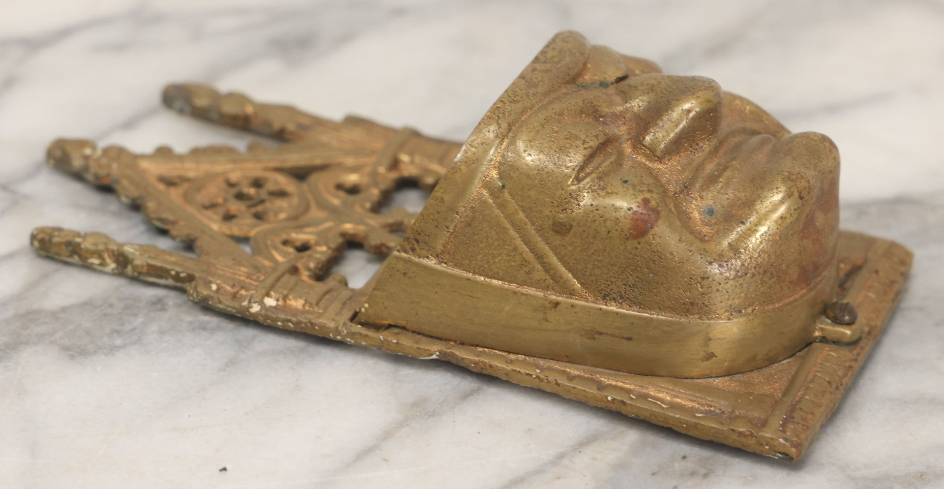 Lot 009 - Antique Gold Painted Cast Metal Gothic Monk Face Wall-Hanging Match Safe