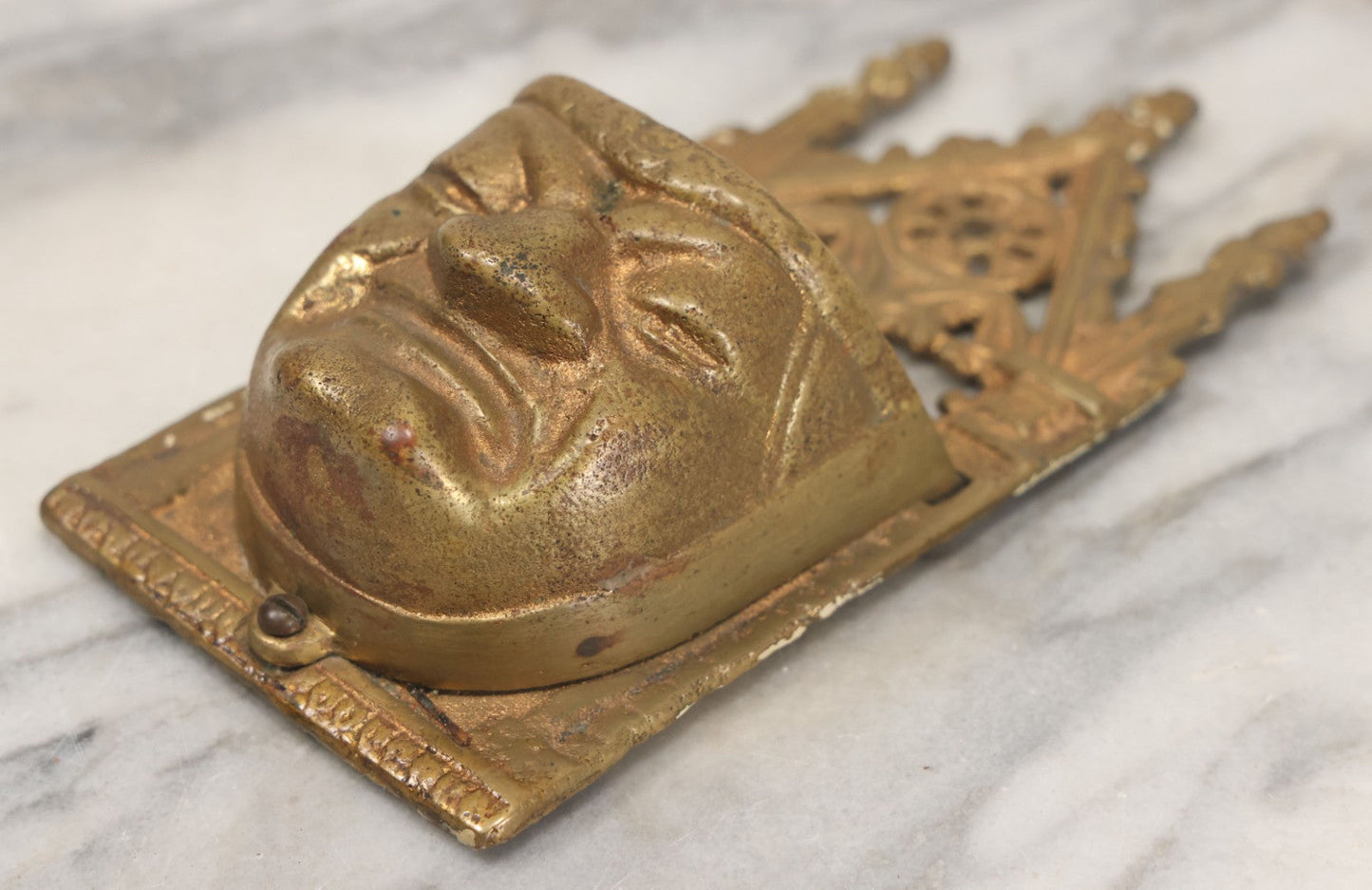 Lot 009 - Antique Gold Painted Cast Metal Gothic Monk Face Wall-Hanging Match Safe