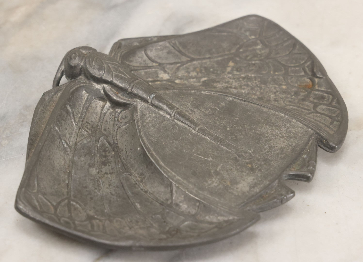 Lot 010 - Antique Art Nouveau Cast Metal Dragonfly Double Sided Trinket Tray