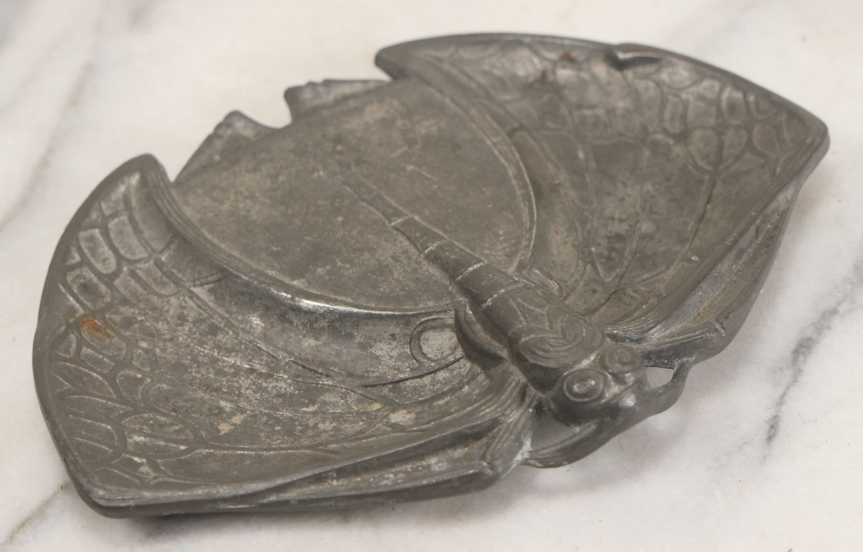 Lot 010 - Antique Art Nouveau Cast Metal Dragonfly Double Sided Trinket Tray