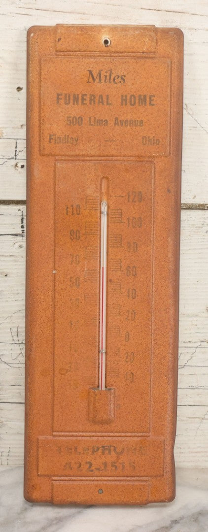 Lot 011 - Vintage Advertising Thermometer From Miles Funeral Home, Findlay, Ohio, Note Rust Throughout
