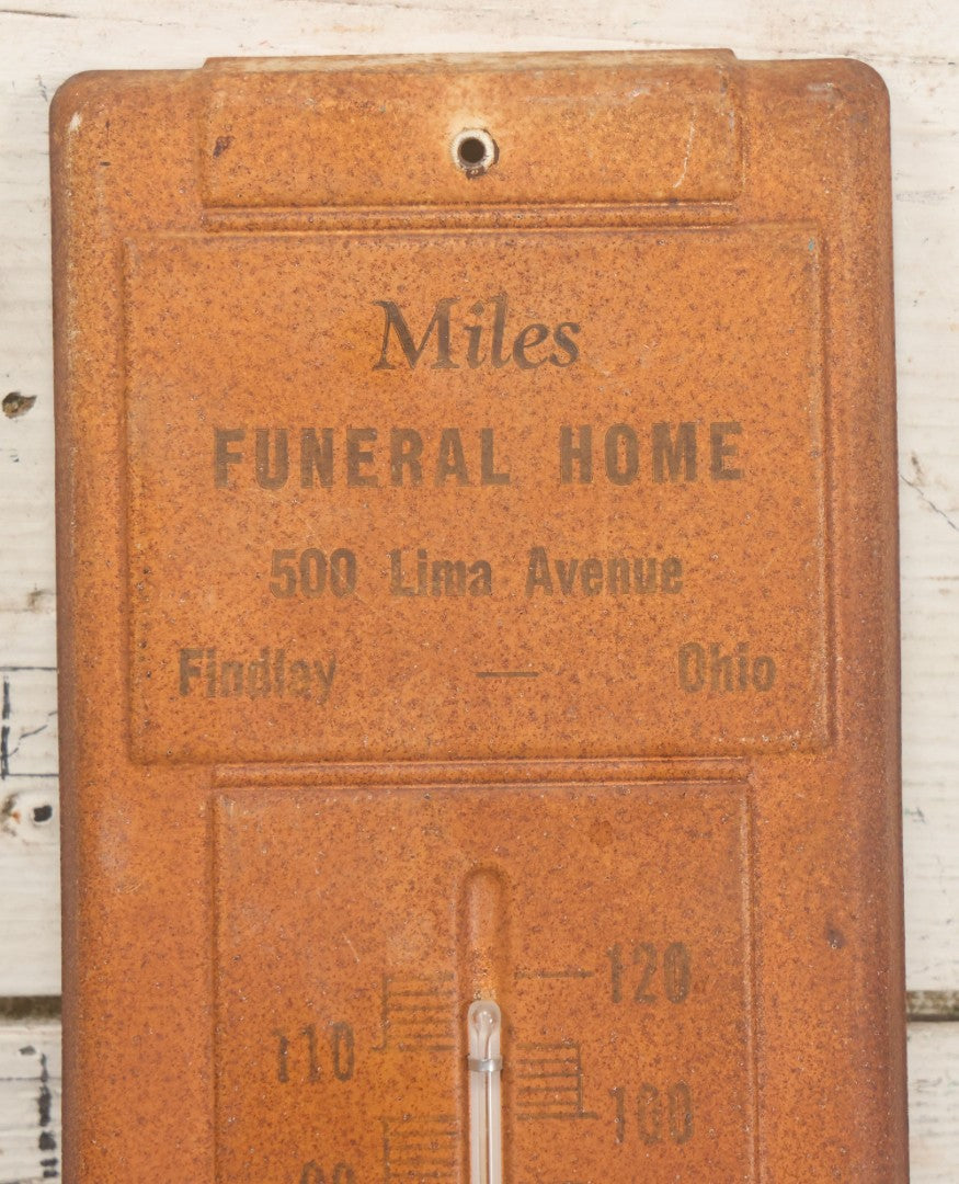 Lot 011 - Vintage Advertising Thermometer From Miles Funeral Home, Findlay, Ohio, Note Rust Throughout