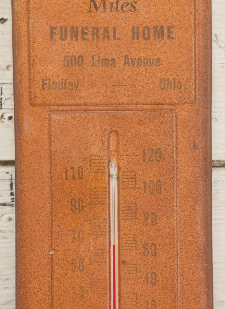 Lot 011 - Vintage Advertising Thermometer From Miles Funeral Home, Findlay, Ohio, Note Rust Throughout