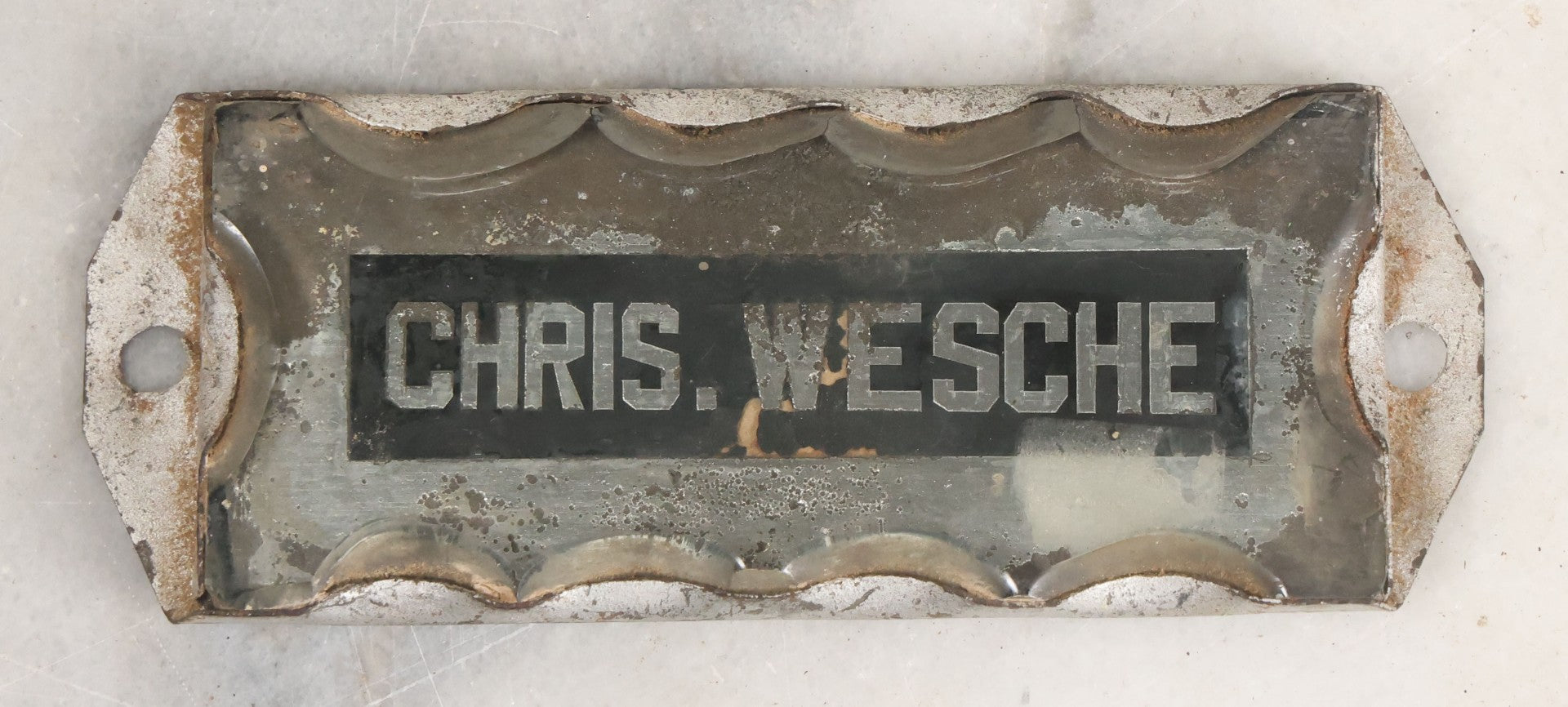 Lot 015 - Antique Reverse Painted Chipped Scalloped Glass Nameplate For Chris. Wesche, As Found, Note Some Mirror Loss