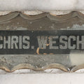 Lot 015 - Antique Reverse Painted Chipped Scalloped Glass Nameplate For Chris. Wesche, As Found, Note Some Mirror Loss