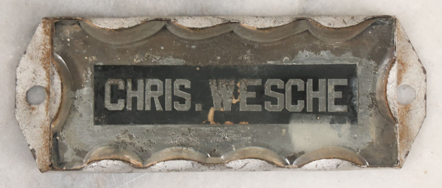 Lot 015 - Antique Reverse Painted Chipped Scalloped Glass Nameplate For Chris. Wesche, As Found, Note Some Mirror Loss