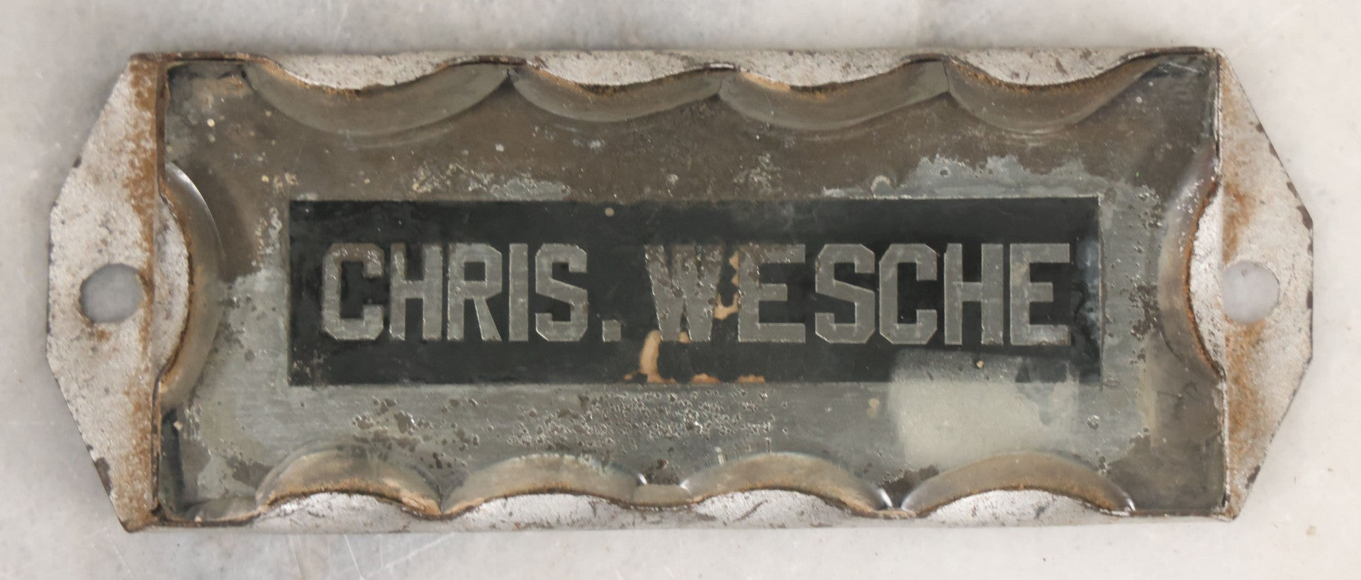Lot 015 - Antique Reverse Painted Chipped Scalloped Glass Nameplate For Chris. Wesche, As Found, Note Some Mirror Loss